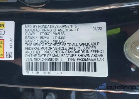 2022 Honda Civic Sport z USA, uszkodzony, nr VIN 19XFL2H85NE010612